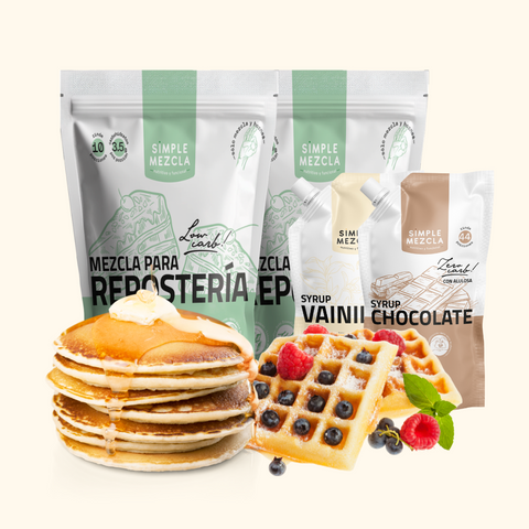 Pack Desayunos Low Carb | Panqueques, Waffles y Syrups (Vainilla y Chocolate) Sin Azúcar Keto